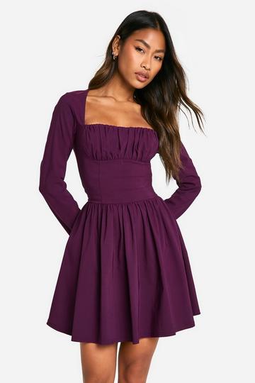 Bengaline Corset Long Sleeve Skater Dress plum