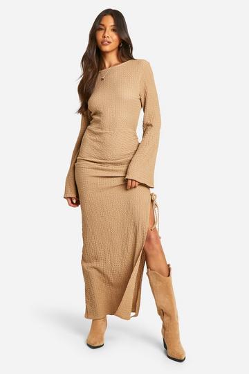 textured ruched flare sleeve maxi dress stone