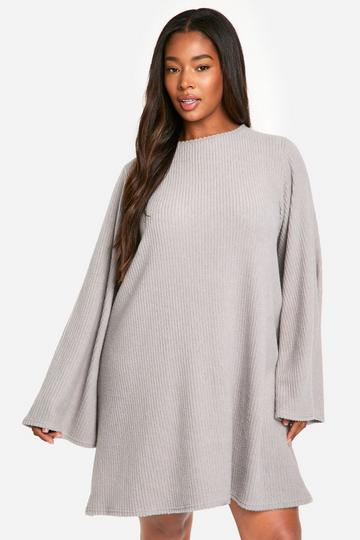 Grey Plus Soft Rib Tie back Smock Dress