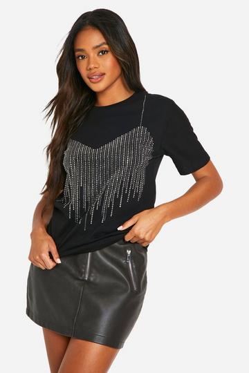 Hot Fix Diamante Bra Detail Oversized T-shirt black