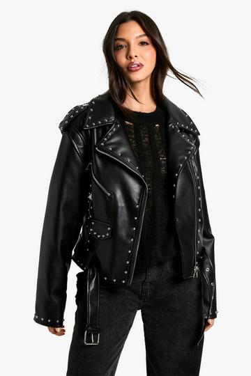 Black Studded Faux Leather Biker Jacket