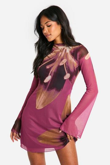 Tall Bold Floral Open Back Mini Dress plum