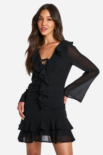 Chiffon Ruffle Tie Front Mini Dress black