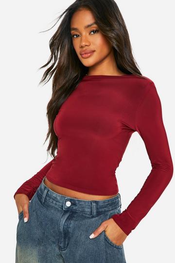 Burgundy Red Slinky Shoulder Pad Long Sleeve Top