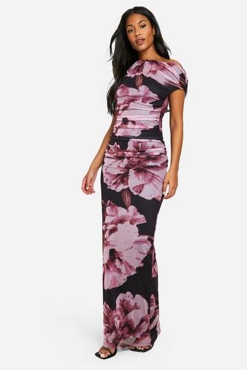 Tall Bold Floral Ring Detail Drape Dress black