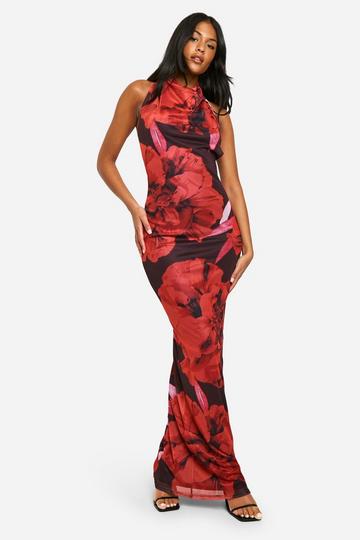 Tall Bold Floral High Neck Cowl Maxi Dress red