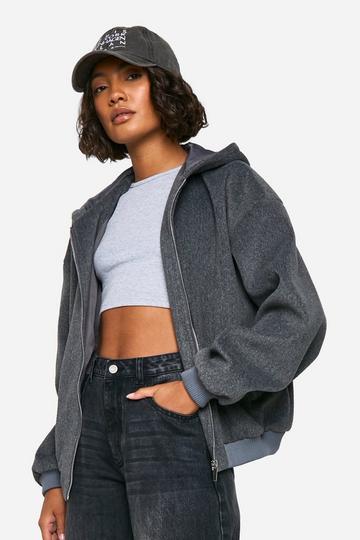 Tall Wool Look Hooded Bomber Jacket grey