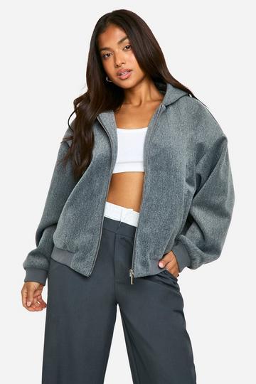 Petite Wool Look Hooded Bomber Jacket grey