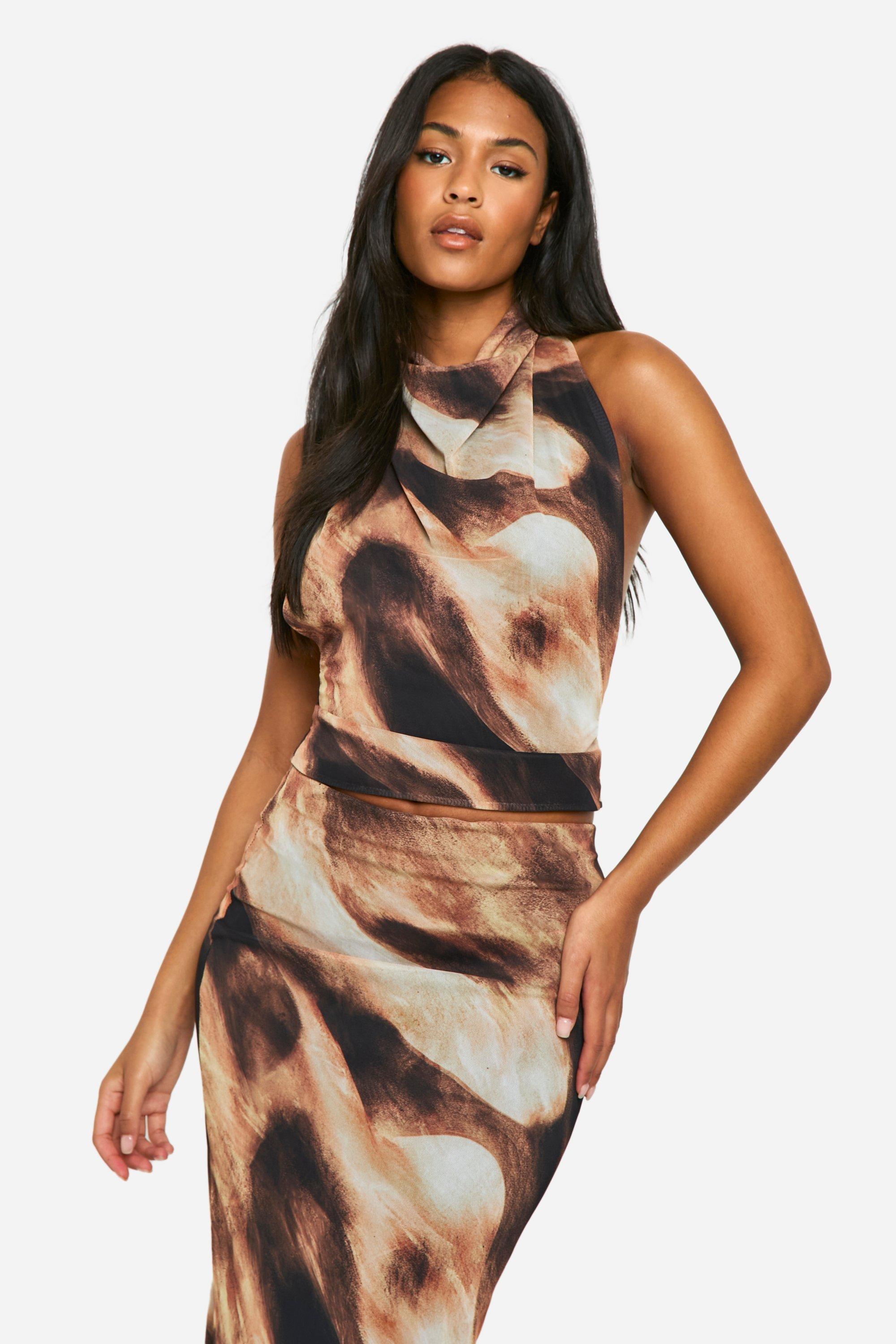 Black Tall Abstract Print Mesh Cowl Top 