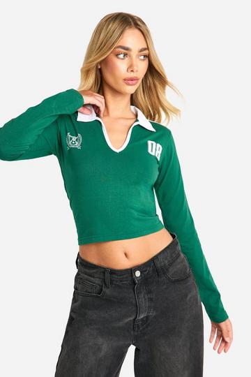 Long Sleeve Collared Jersey Top dark green