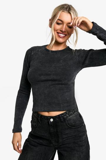 Acid Wash Back Cut Out Long Sleeve Top charcoal