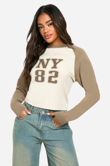 Long Sleeve Printed Jersey Knit Raglan Top stone