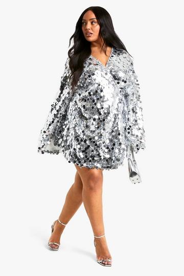 Silver Plus Disc Sequin Wrap Flare Sleeve Dress