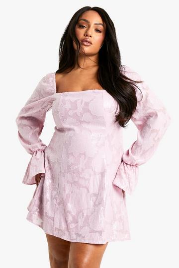 Pink Plus Floral Sequin Long Sleeve Skater Dress