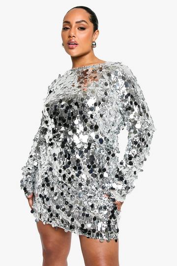 Silver Plus Sequin Ruched Long Sleeve Mini Dress