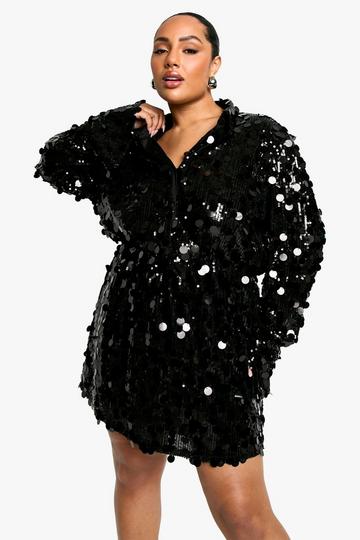 Plus Sequin Plunge Collar Detail Mini Dress black