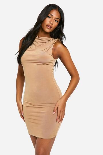 Tan Brown Tall Twist Shoulder Drape Mini Dress