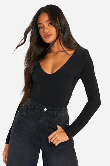 Slinky Plunge Front Long Sleeve Shoulder Pad Bodysuit black