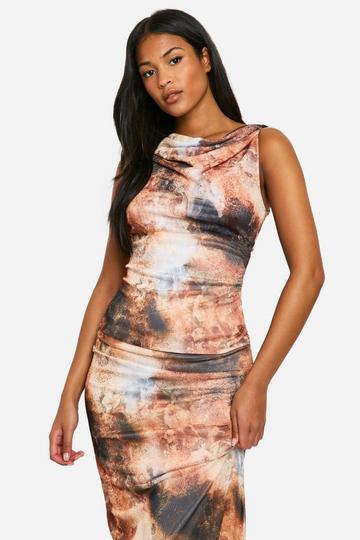 Tall Abstract Print Twist Drape Top rust