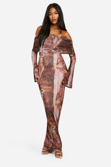 Tall Renaissance Print Ruched Off The Shoulder Maxi Dress chocolate