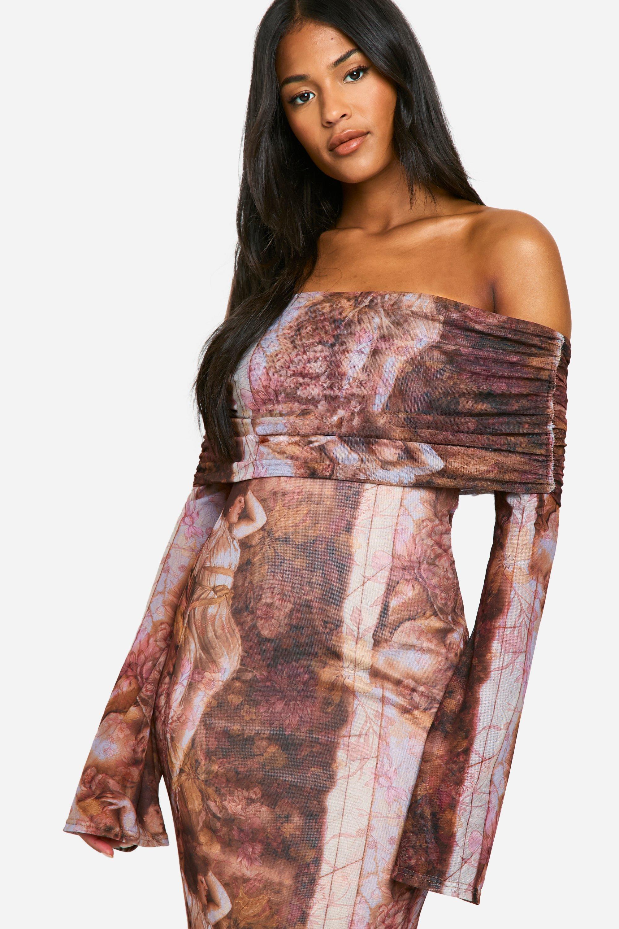 Tall Renaissance Print Ruched Bardot Maxi Dress boohoo FI