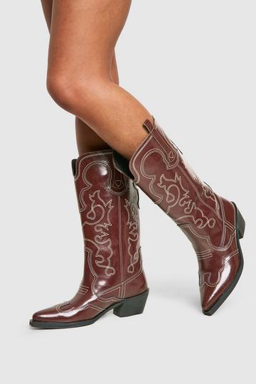 Vintage Look Calf Detail Embroidered Western Cowboy Boots oxblood