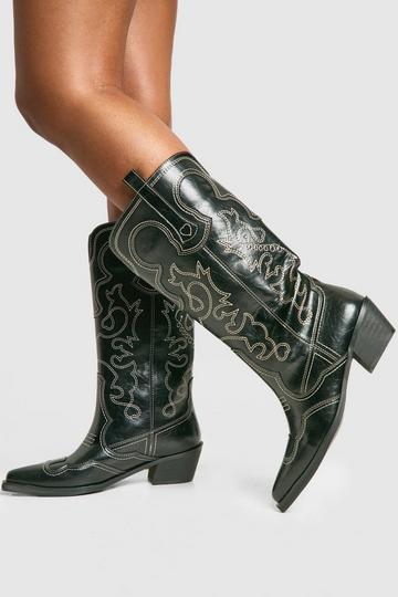 Vintage Look Calf Detail Embroidered Western Cowboy Boots black