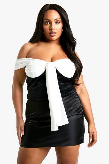 Plus Mesh And Velvet Tie Front Bardot Corset Top black