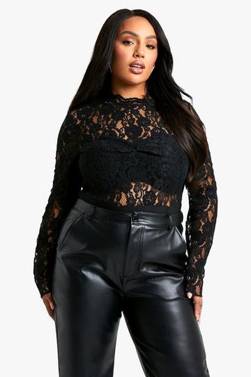 Black Plus Shimmer Lace Long Sleeve Bodysuit