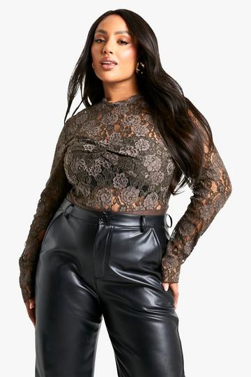 Plus Shimmer Lace Long Sleeve Bodysuit chocolate