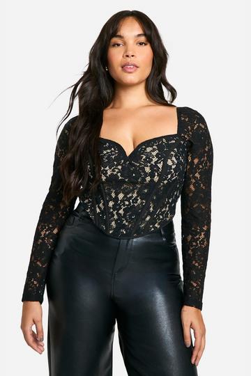 Black Plus Lace Long Sleeve Corset Top