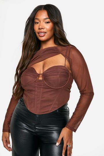 Plus Mesh Asymmetric Neck Corset Top chocolate