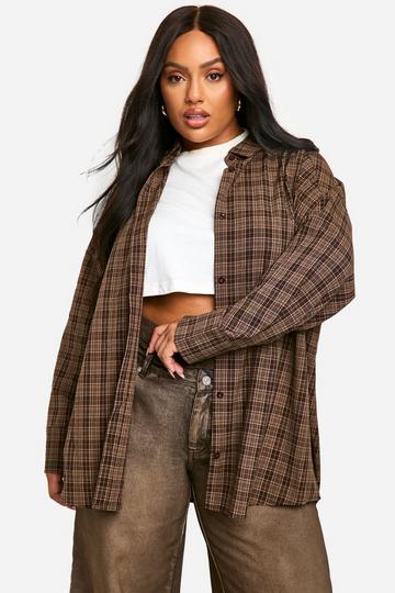 Plus Oversized Mixed Check Shirt chocolate