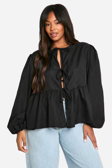 Plus Gesmokte Top Met Strik En Lange Mouwen black