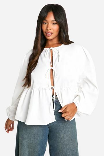 Plus Tie Front Long Sleeve Smock Top white