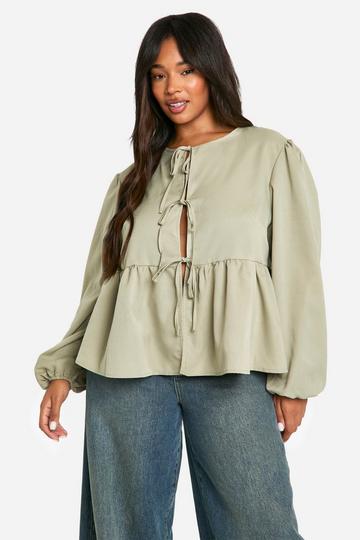 Sage Green Plus Tie Front Long Sleeve Smock Top