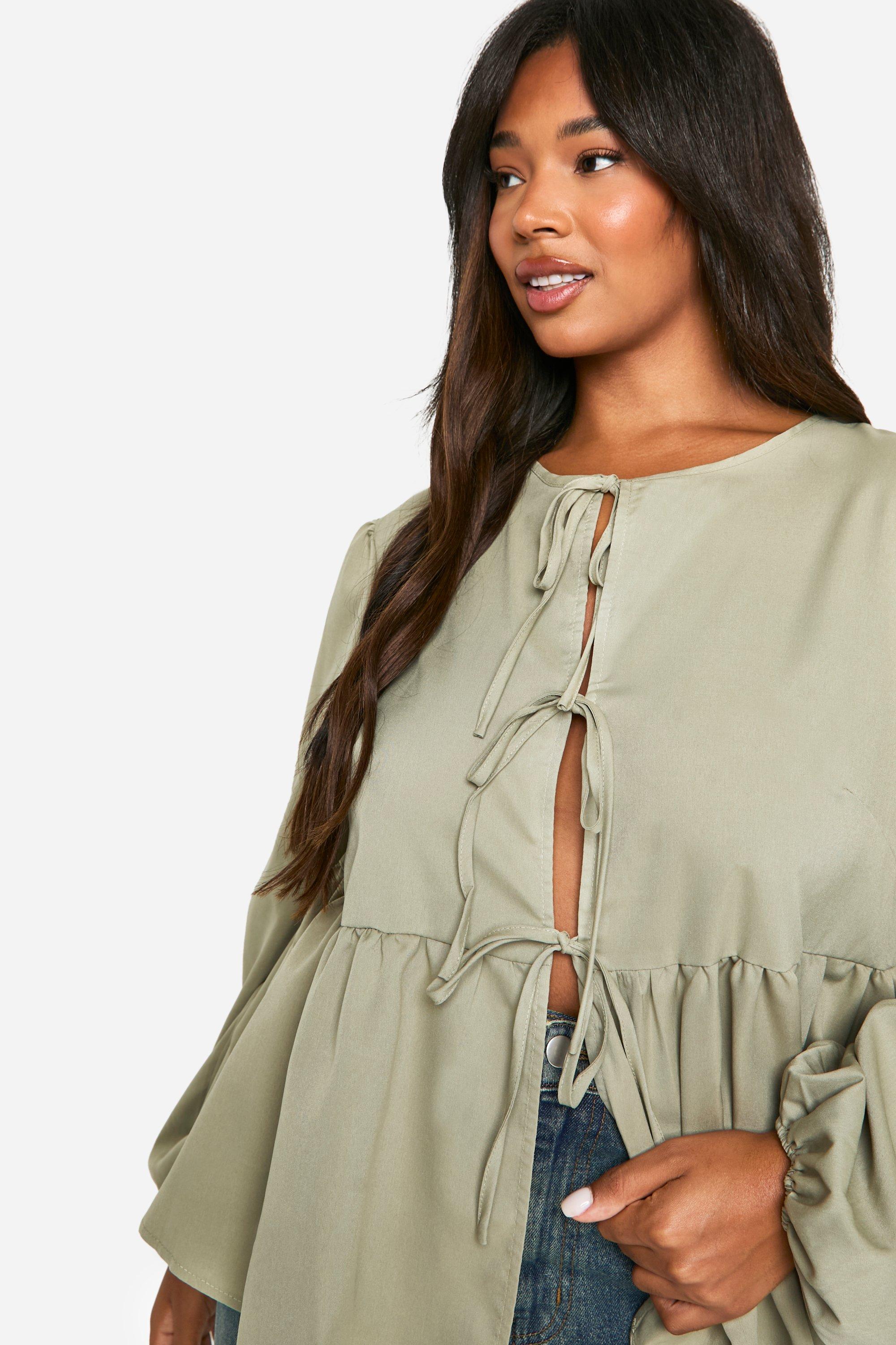 Plus Tie Front Long Sleeve Smock Top