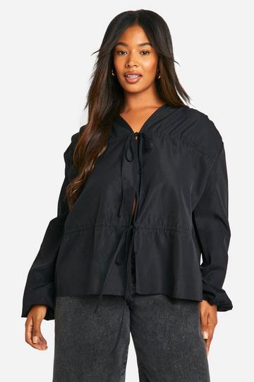 Plus Tie Front Ruched Smock Top black