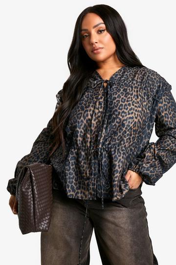 Multi Plus Leopard Tie Front Ruched Smock Top