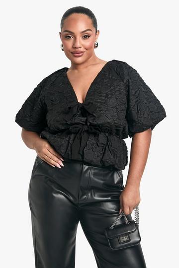 Plus Gesmokte Jacquard Top Met Strik En Pofmouwen black