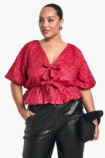 Red Plus Jacquard Tie Front Puff Ball Smock Top