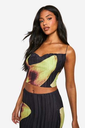 Tall Bold Floral Plisse Cowl Crop Top black