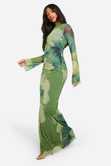 Green Tall Bold Floral Open Back Maxi Dress