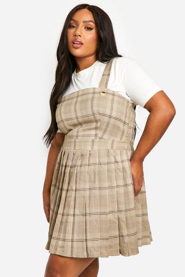 Plus Checked Pleated Pinafore Dress stone