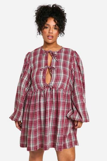 Red Plus Check Tie Front Check Smock Dress