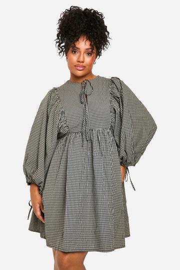 Plus Check Blouse Sleeve Smock Dress black