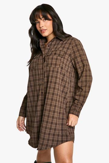 Plus Brushed Check Shirt Dress chocolate