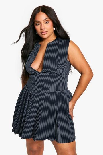 Plus Woven Stripe Plunge Pleated Dress navy