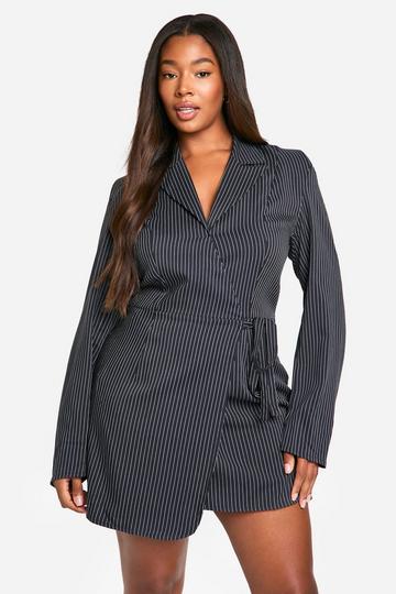 Plus Woven Stripe Tailored Wrap Dress navy