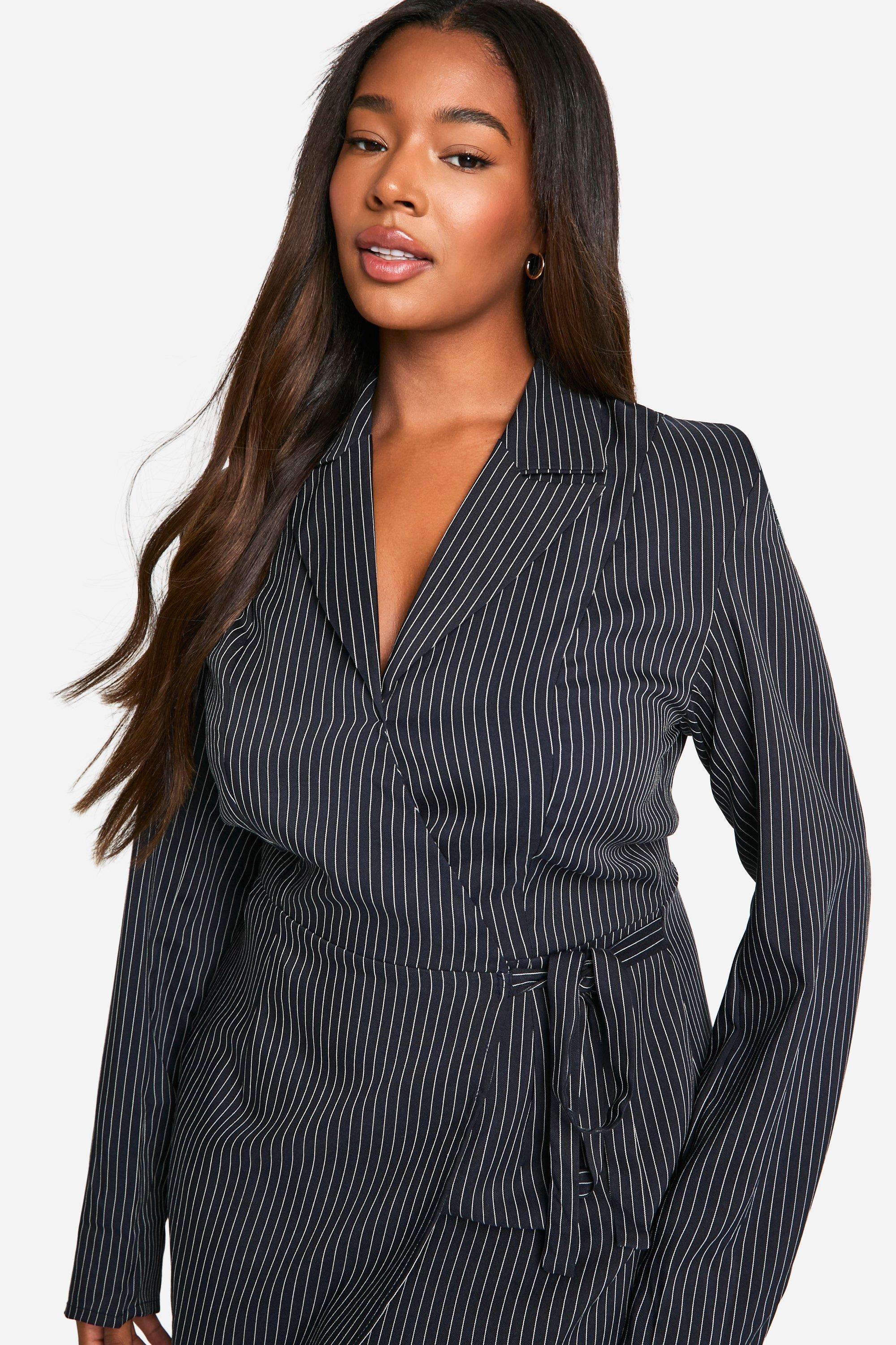 Plus Woven Stripe Tailored Wrap Dress boohoo